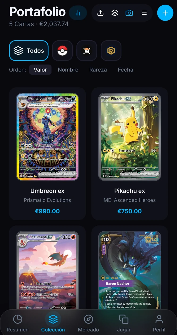 Captura real de Colección en CARDEX con Umbreon, Pikachu y Baron Nashor