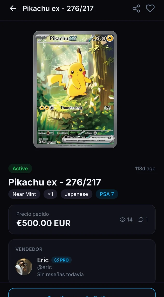 Anuncio real de Pikachu ex en CARDEX, publicado por su creador