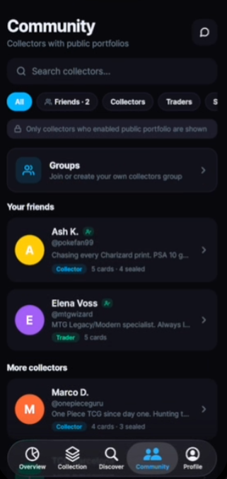 Cardex community screen with public collector profiles and group chat